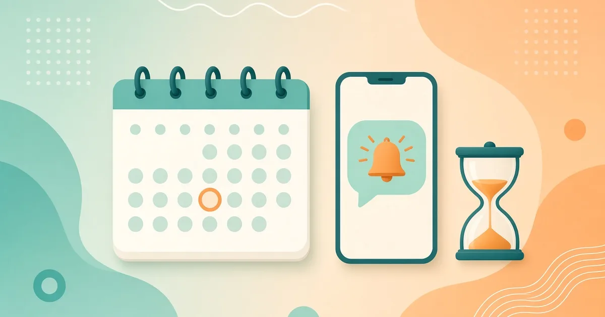 Ilustração de calendário com um dia marcado, celular com sino de lembrete e ampulheta