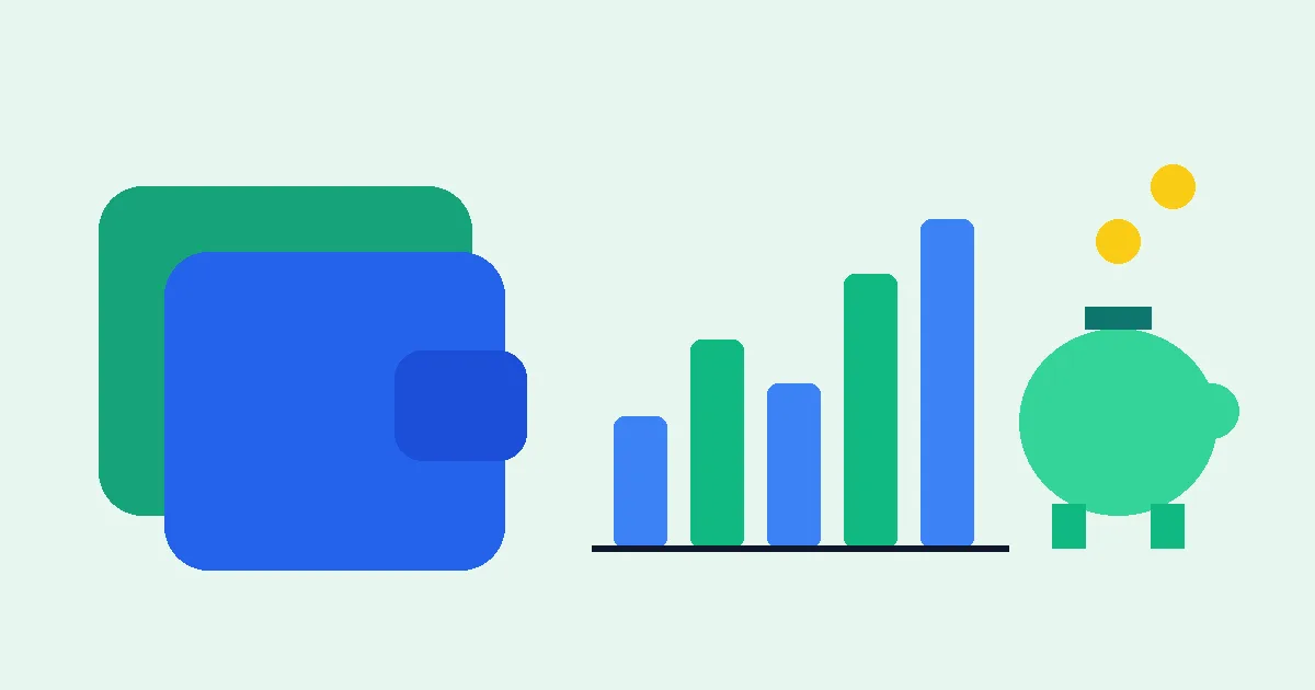 Ilustração de duas carteiras separadas, um gráfico de barras e um cofrinho em tons de verde e azul