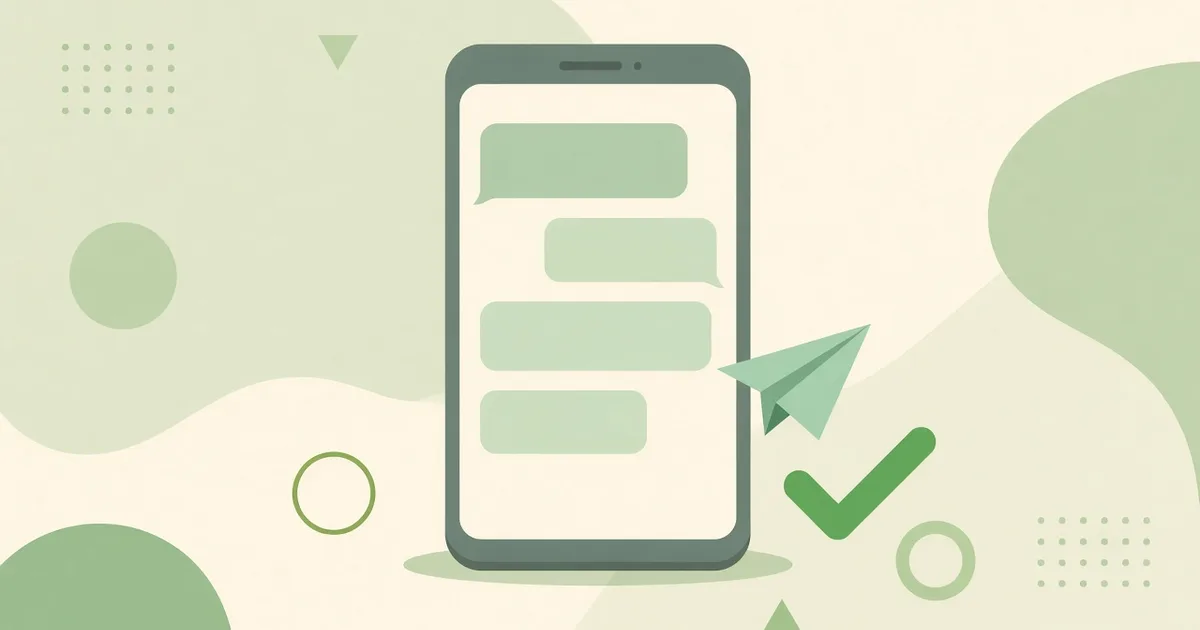 Ilustração de celular com balões de conversa, avião de papel e sinal de confirmação