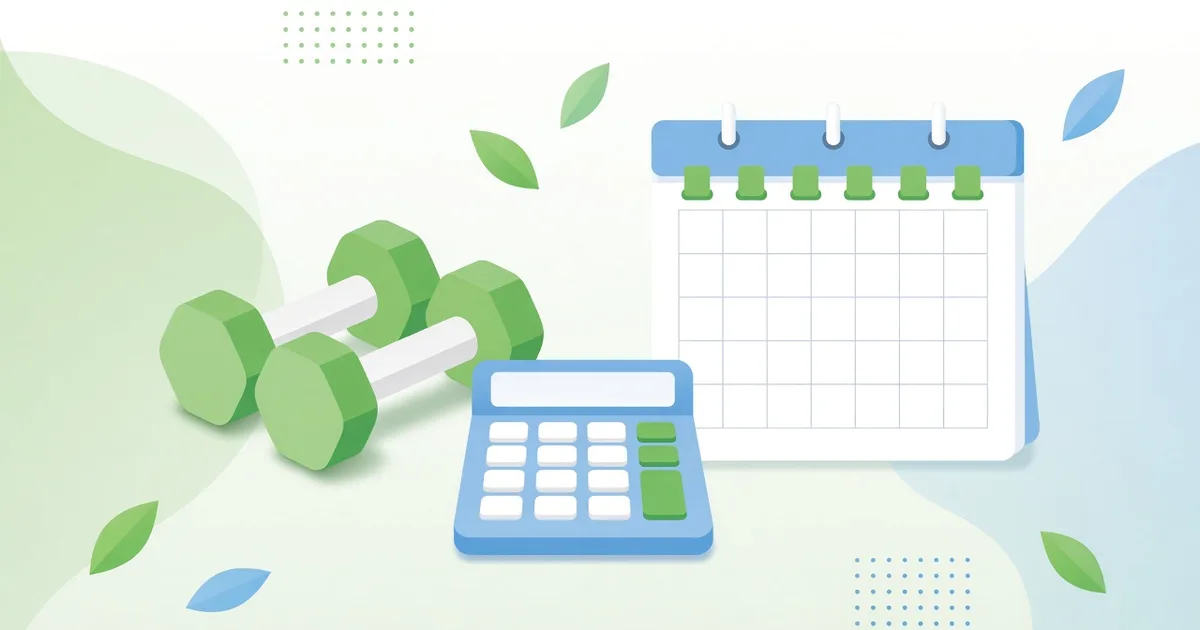 Ilustração de halteres ao lado de uma calculadora e de um calendário mensal em tons de verde e azul